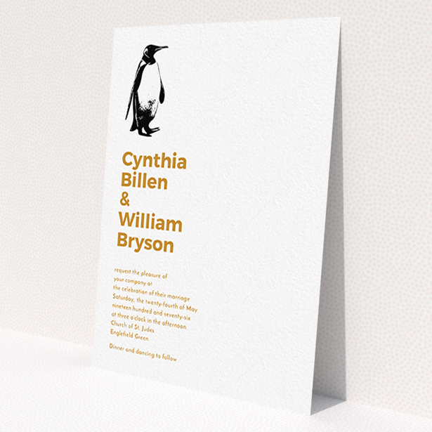 A personalised wedding invitation named 'My little penguin'. It is an A6 invite in a portrait orientation. 'My little penguin' is available as a flat invite, with tones of white and orange.