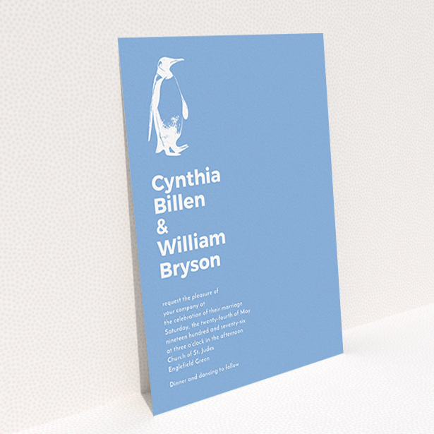 A personalised wedding invitation template titled "My little penguin". It is an A6 invite in a portrait orientation. "My little penguin" is available as a flat invite, with tones of blue and white.
