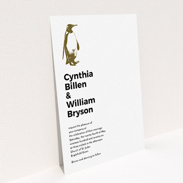 A personalised wedding invitation called "My little penguin". It is an A6 invite in a portrait orientation. "My little penguin" is available as a flat invite, with mainly white colouring.