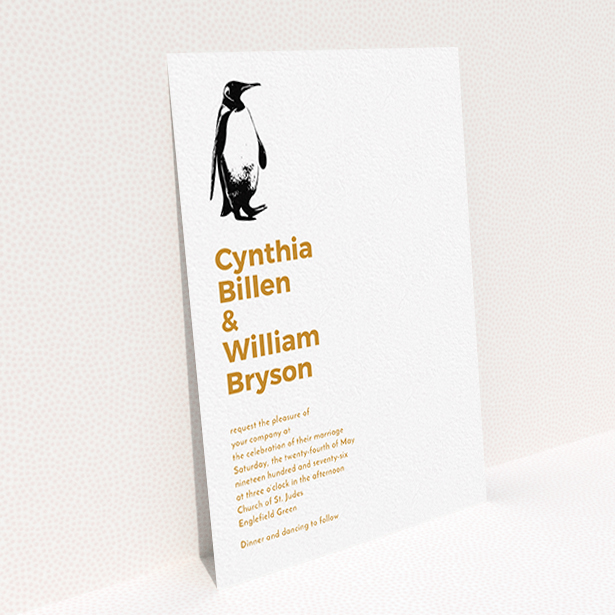 A personalised wedding invitation named "My little penguin". It is an A6 invite in a portrait orientation. "My little penguin" is available as a flat invite, with tones of white and orange.
