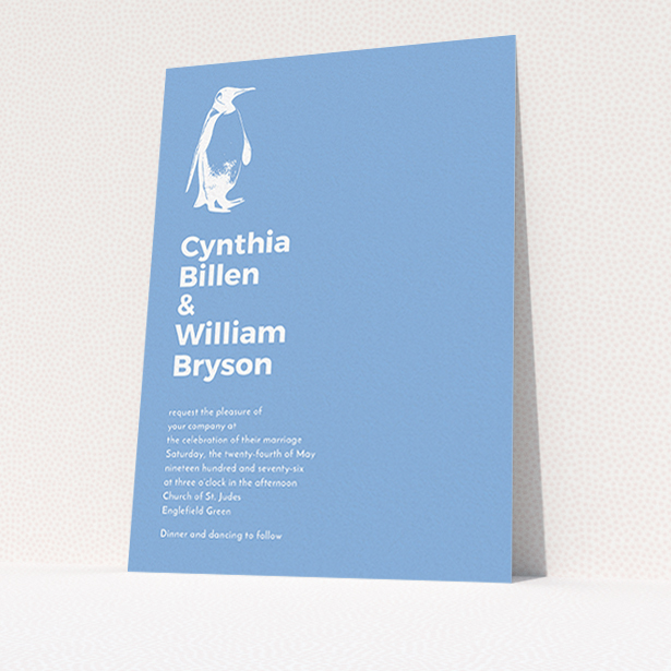 A personalised wedding invitation template titled "My little penguin". It is an A6 invite in a portrait orientation. "My little penguin" is available as a flat invite, with tones of blue and white.