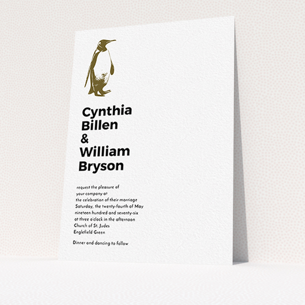 A personalised wedding invitation called "My little penguin". It is an A6 invite in a portrait orientation. "My little penguin" is available as a flat invite, with mainly white colouring.