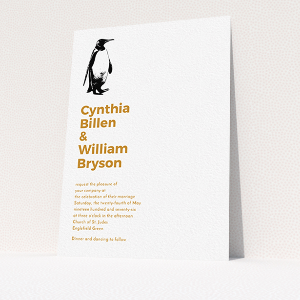 A personalised wedding invitation named "My little penguin". It is an A6 invite in a portrait orientation. "My little penguin" is available as a flat invite, with tones of white and orange.