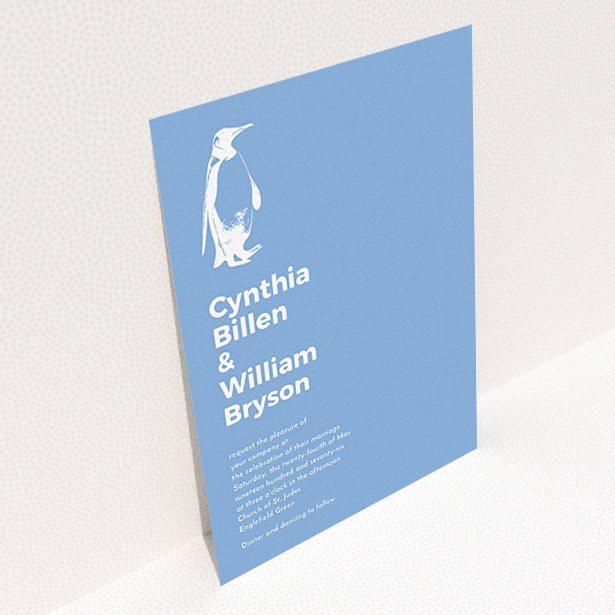 A personalised wedding invitation template titled "My little penguin". It is an A6 invite in a portrait orientation. "My little penguin" is available as a flat invite, with tones of blue and white.