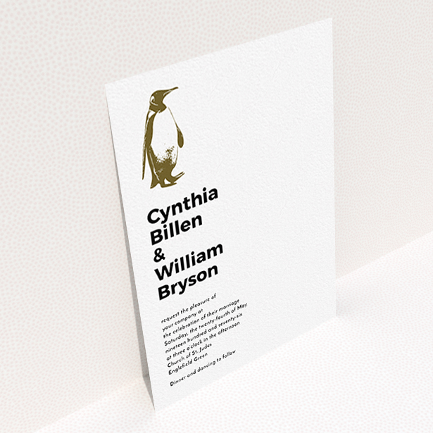 A personalised wedding invitation called "My little penguin". It is an A6 invite in a portrait orientation. "My little penguin" is available as a flat invite, with mainly white colouring.