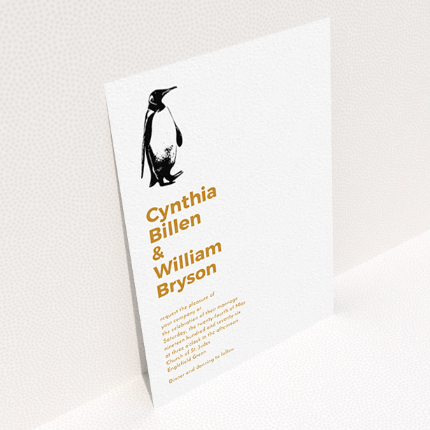A personalised wedding invitation named "My little penguin". It is an A6 invite in a portrait orientation. "My little penguin" is available as a flat invite, with tones of white and orange.