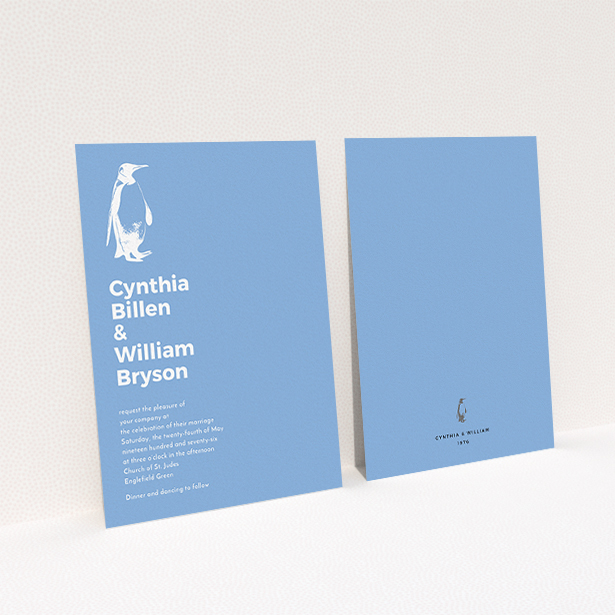 A personalised wedding invitation template titled "My little penguin". It is an A6 invite in a portrait orientation. "My little penguin" is available as a flat invite, with tones of blue and white.
