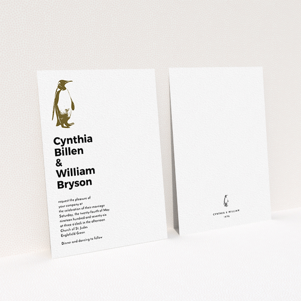A personalised wedding invitation called "My little penguin". It is an A6 invite in a portrait orientation. "My little penguin" is available as a flat invite, with mainly white colouring.
