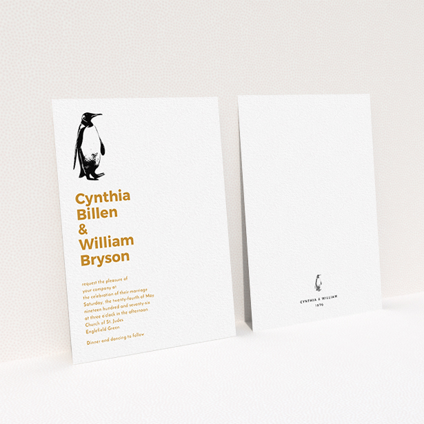 A personalised wedding invitation named "My little penguin". It is an A6 invite in a portrait orientation. "My little penguin" is available as a flat invite, with tones of white and orange.