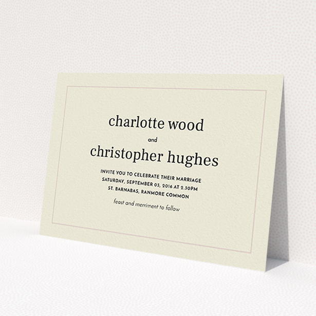 A personalised wedding invitation design named 'Nice and square'. It is an A6 invite in a landscape orientation. 'Nice and square' is available as a flat invite, with mainly dark cream colouring.