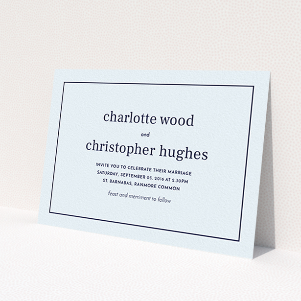 A personalised wedding invitation named 'Nice and square'. It is an A6 invite in a landscape orientation. 'Nice and square' is available as a flat invite, with mainly light blue colouring.