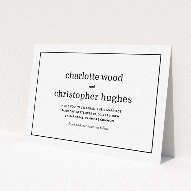 A personalised wedding invitation called 'Nice and square'. It is an A6 invite in a landscape orientation. 'Nice and square' is available as a flat invite, with mainly white colouring.