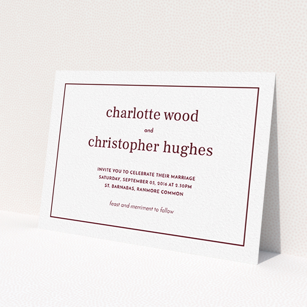 A personalised wedding invitation design called 'Nice and square'. It is an A6 invite in a landscape orientation. 'Nice and square' is available as a flat invite, with tones of white and burgundy.