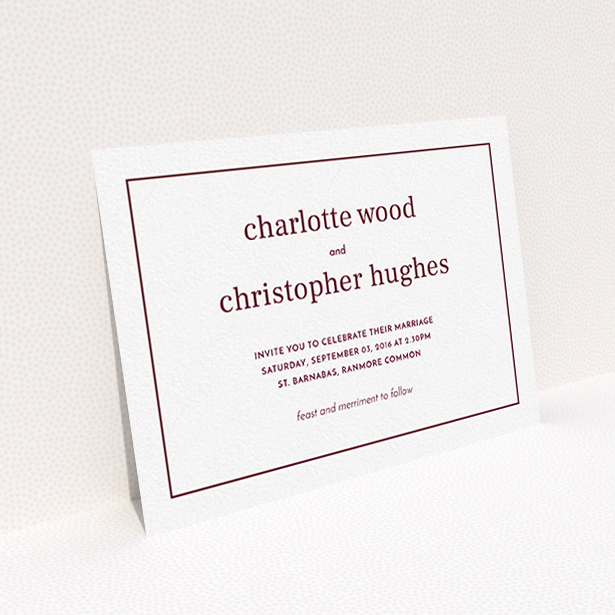 A personalised wedding invitation design called "Nice and square". It is an A6 invite in a landscape orientation. "Nice and square" is available as a flat invite, with tones of white and burgundy.