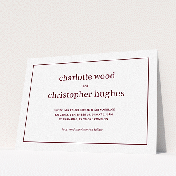 A personalised wedding invitation design called "Nice and square". It is an A6 invite in a landscape orientation. "Nice and square" is available as a flat invite, with tones of white and burgundy.
