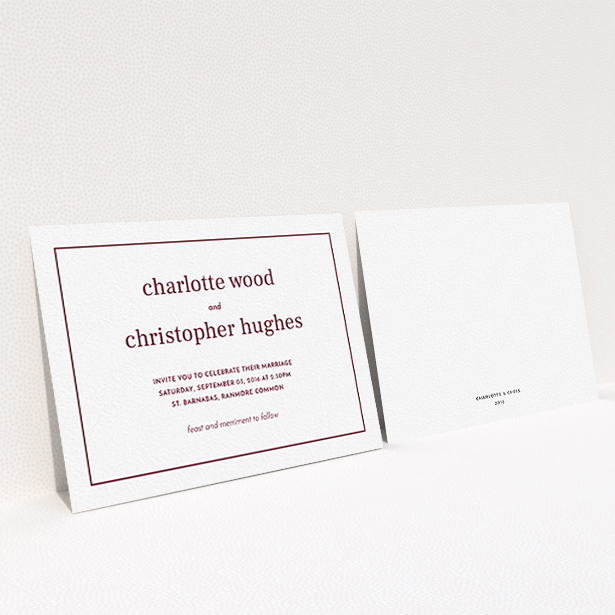 A personalised wedding invitation design called "Nice and square". It is an A6 invite in a landscape orientation. "Nice and square" is available as a flat invite, with tones of white and burgundy.