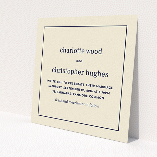 A personalised wedding invitation named 'Nice and square'. It is a square (148mm x 148mm) invite in a square orientation. 'Nice and square' is available as a flat invite, with mainly dark cream colouring.