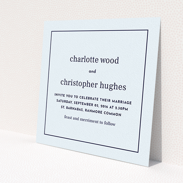 A personalised wedding invitation design titled 'Nice and square'. It is a square (148mm x 148mm) invite in a square orientation. 'Nice and square' is available as a flat invite, with mainly light blue colouring.