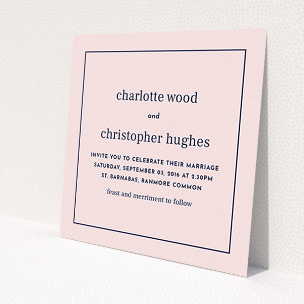 A personalised wedding invitation template titled 'Nice and square'. It is a square (148mm x 148mm) invite in a square orientation. 'Nice and square' is available as a flat invite, with mainly pink colouring.