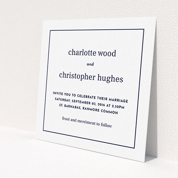 A personalised wedding invitation design called 'Nice and square'. It is a square (148mm x 148mm) invite in a square orientation. 'Nice and square' is available as a flat invite, with mainly white colouring.
