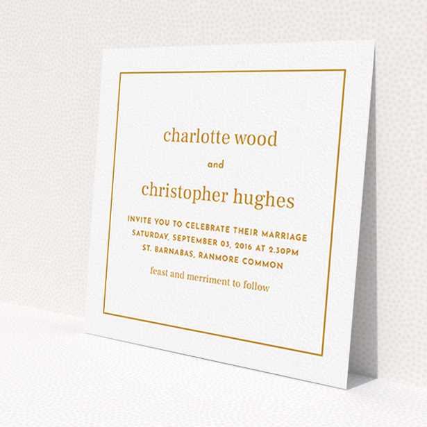 A personalised wedding invitation design titled 'Nice and square'. It is a square (148mm x 148mm) invite in a square orientation. 'Nice and square' is available as a flat invite, with tones of white and orange.
