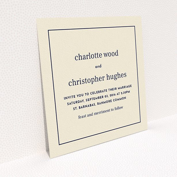 A personalised wedding invitation named "Nice and square". It is a square (148mm x 148mm) invite in a square orientation. "Nice and square" is available as a flat invite, with mainly dark cream colouring.