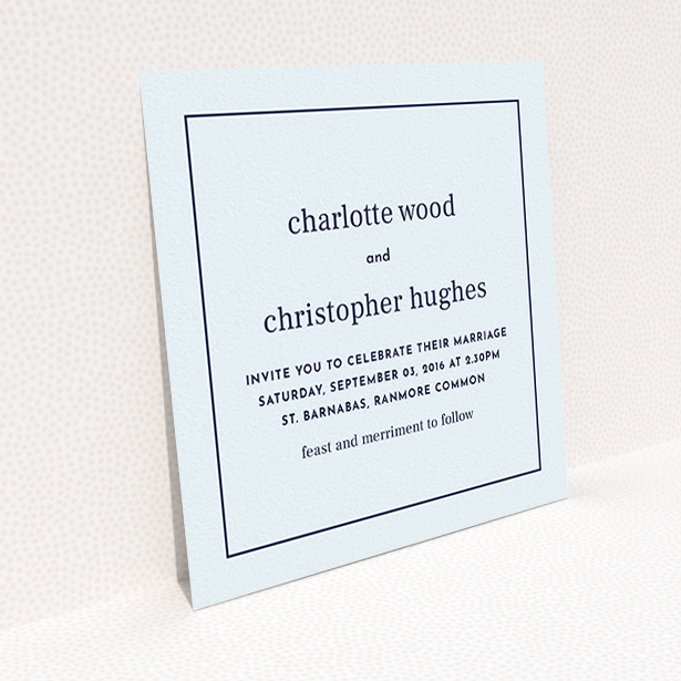 A personalised wedding invitation design titled "Nice and square". It is a square (148mm x 148mm) invite in a square orientation. "Nice and square" is available as a flat invite, with mainly light blue colouring.