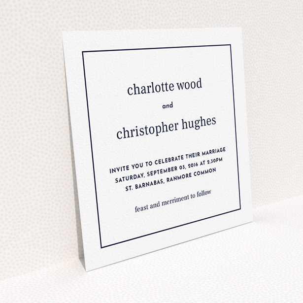 A personalised wedding invitation design called "Nice and square". It is a square (148mm x 148mm) invite in a square orientation. "Nice and square" is available as a flat invite, with mainly white colouring.