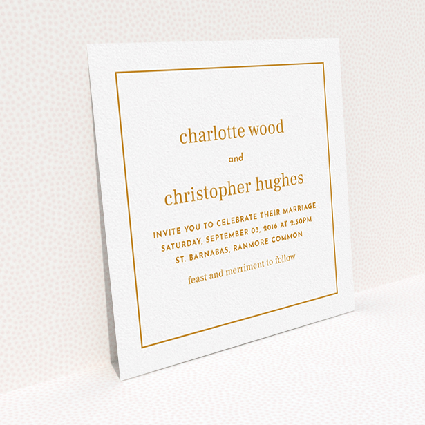 A personalised wedding invitation design titled "Nice and square". It is a square (148mm x 148mm) invite in a square orientation. "Nice and square" is available as a flat invite, with tones of white and orange.