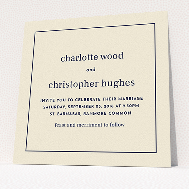 A personalised wedding invitation named "Nice and square". It is a square (148mm x 148mm) invite in a square orientation. "Nice and square" is available as a flat invite, with mainly dark cream colouring.