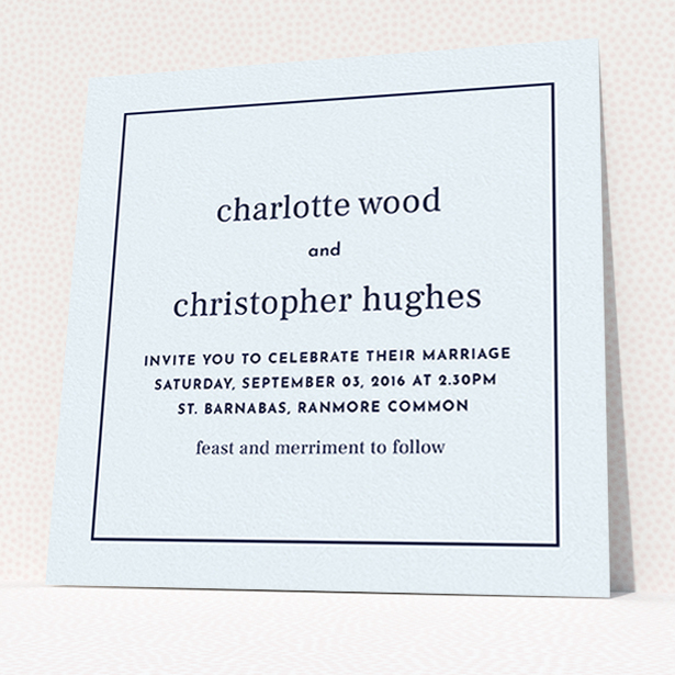 A personalised wedding invitation design titled "Nice and square". It is a square (148mm x 148mm) invite in a square orientation. "Nice and square" is available as a flat invite, with mainly light blue colouring.