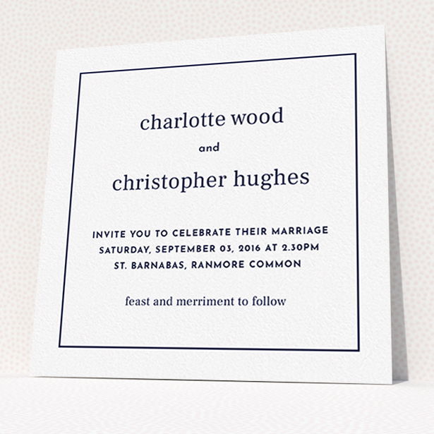 A personalised wedding invitation design called "Nice and square". It is a square (148mm x 148mm) invite in a square orientation. "Nice and square" is available as a flat invite, with mainly white colouring.