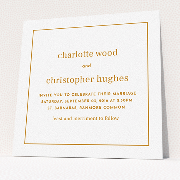 A personalised wedding invitation design titled "Nice and square". It is a square (148mm x 148mm) invite in a square orientation. "Nice and square" is available as a flat invite, with tones of white and orange.