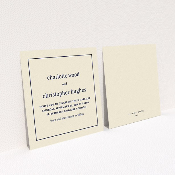 A personalised wedding invitation named "Nice and square". It is a square (148mm x 148mm) invite in a square orientation. "Nice and square" is available as a flat invite, with mainly dark cream colouring.