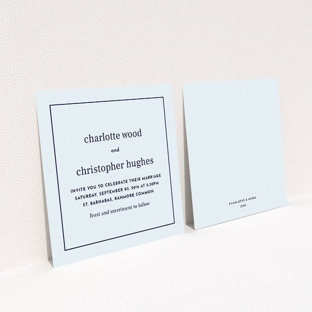 A personalised wedding invitation design titled "Nice and square". It is a square (148mm x 148mm) invite in a square orientation. "Nice and square" is available as a flat invite, with mainly light blue colouring.