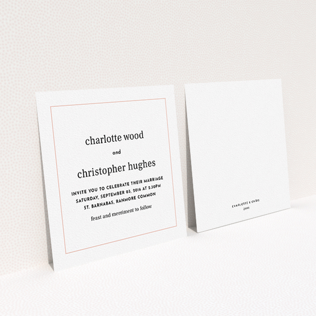 A personalised wedding invitation called "Nice and square". It is a square (148mm x 148mm) invite in a square orientation. "Nice and square" is available as a flat invite, with tones of white and Pink.