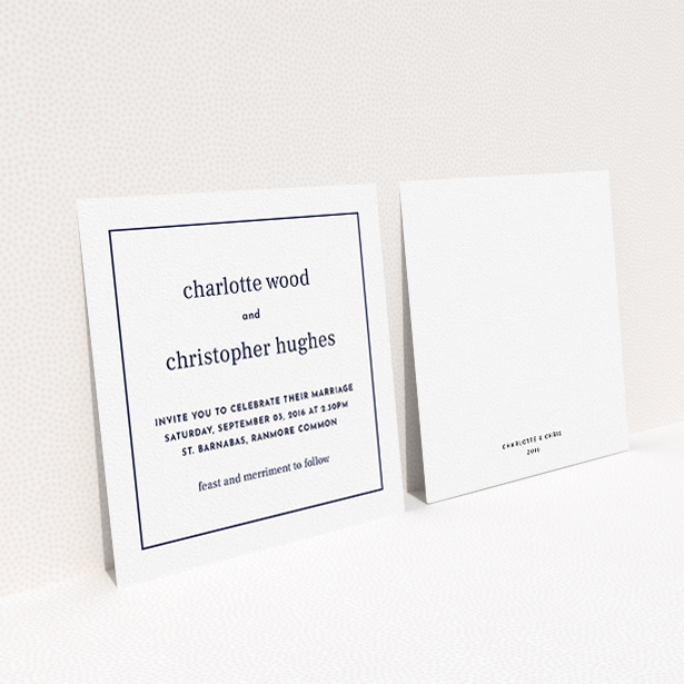 A personalised wedding invitation design called "Nice and square". It is a square (148mm x 148mm) invite in a square orientation. "Nice and square" is available as a flat invite, with mainly white colouring.