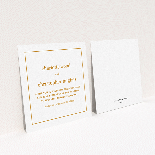 A personalised wedding invitation design titled "Nice and square". It is a square (148mm x 148mm) invite in a square orientation. "Nice and square" is available as a flat invite, with tones of white and orange.