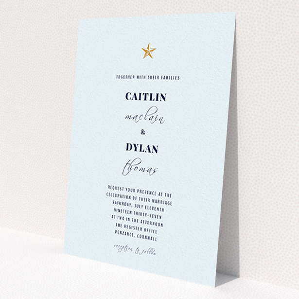 A personalised wedding invitation design called 'North Star'. It is an A6 invite in a portrait orientation. 'North Star' is available as a flat invite, with mainly white colouring.