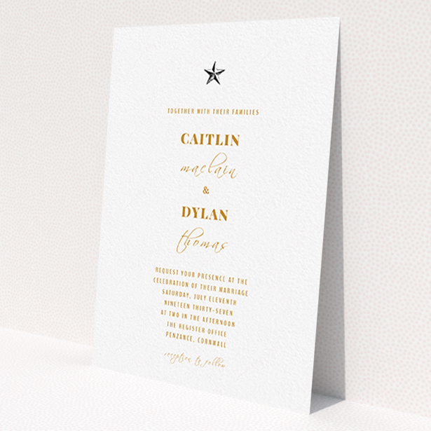 A personalised wedding invitation design titled 'North Star'. It is an A6 invite in a portrait orientation. 'North Star' is available as a flat invite, with mainly white colouring.