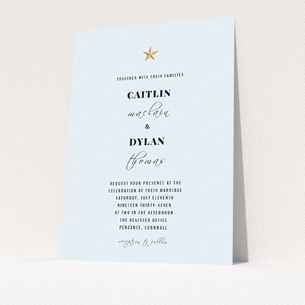 A personalised wedding invitation design called "North Star". It is an A6 invite in a portrait orientation. "North Star" is available as a flat invite, with mainly white colouring.