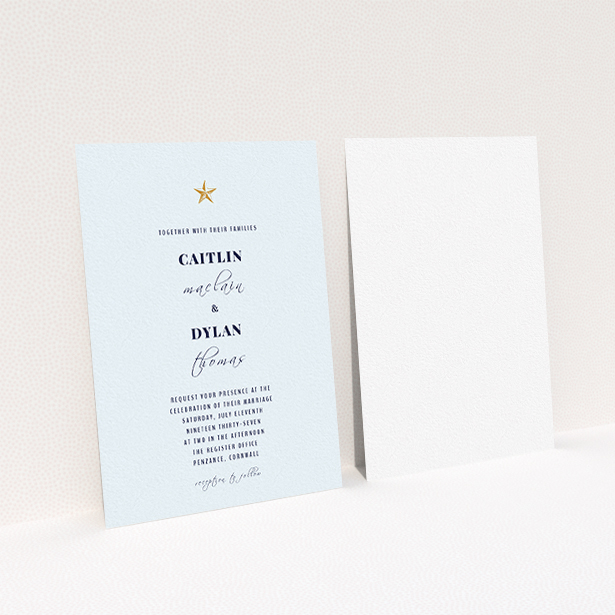 A personalised wedding invitation design called "North Star". It is an A6 invite in a portrait orientation. "North Star" is available as a flat invite, with mainly white colouring.