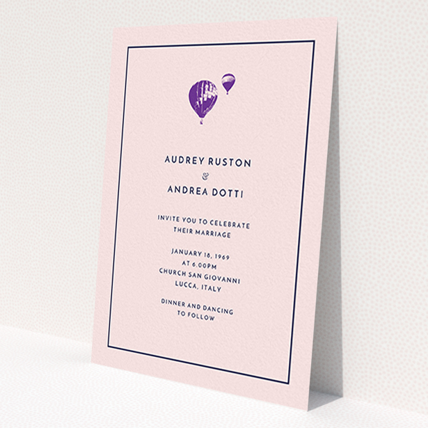 A personalised wedding invitation named 'Off and away'. It is an A6 invite in a portrait orientation. 'Off and away' is available as a flat invite, with tones of pink, purple and midnight blue.