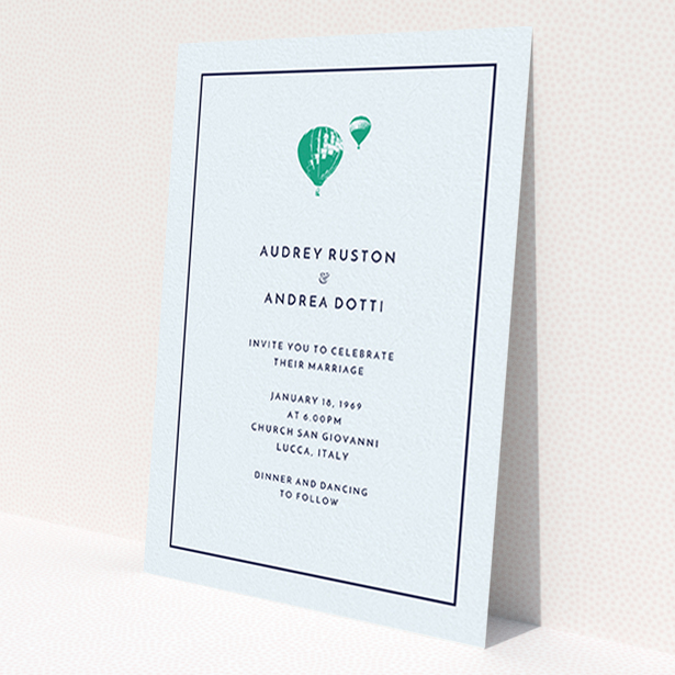 A personalised wedding invitation named 'Off and away'. It is an A6 invite in a portrait orientation. 'Off and away' is available as a flat invite, with mainly white colouring.