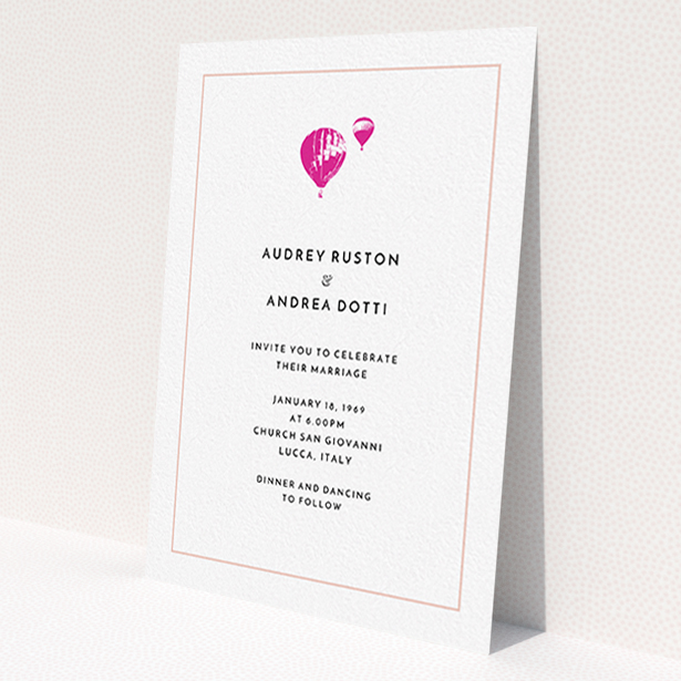A personalised wedding invitation design titled 'Off and away'. It is an A6 invite in a portrait orientation. 'Off and away' is available as a flat invite, with tones of white and pink.