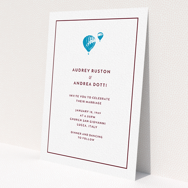 A personalised wedding invitation called 'Off and away'. It is an A6 invite in a portrait orientation. 'Off and away' is available as a flat invite, with tones of white and blue.
