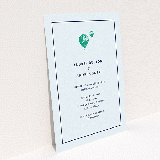 A personalised wedding invitation named "Off and away". It is an A6 invite in a portrait orientation. "Off and away" is available as a flat invite, with mainly white colouring.