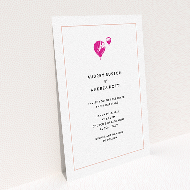 A personalised wedding invitation design titled "Off and away". It is an A6 invite in a portrait orientation. "Off and away" is available as a flat invite, with tones of white and pink.