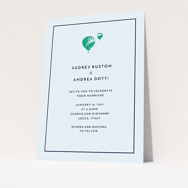 A personalised wedding invitation named "Off and away". It is an A6 invite in a portrait orientation. "Off and away" is available as a flat invite, with mainly white colouring.