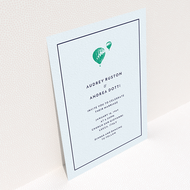 A personalised wedding invitation named "Off and away". It is an A6 invite in a portrait orientation. "Off and away" is available as a flat invite, with mainly white colouring.